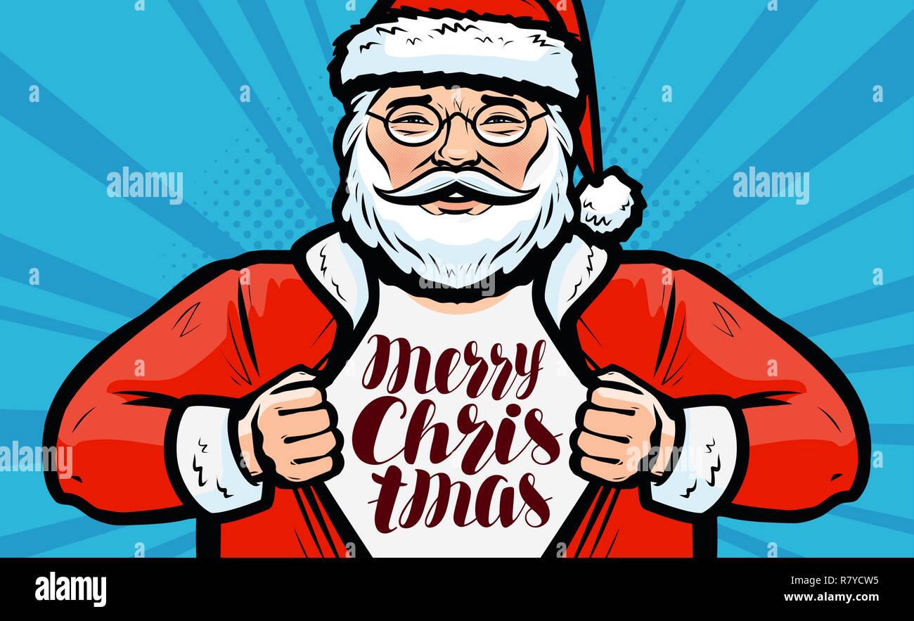 Merry Christmas greeting card. Santa Claus with glasses, vector Stock Vector