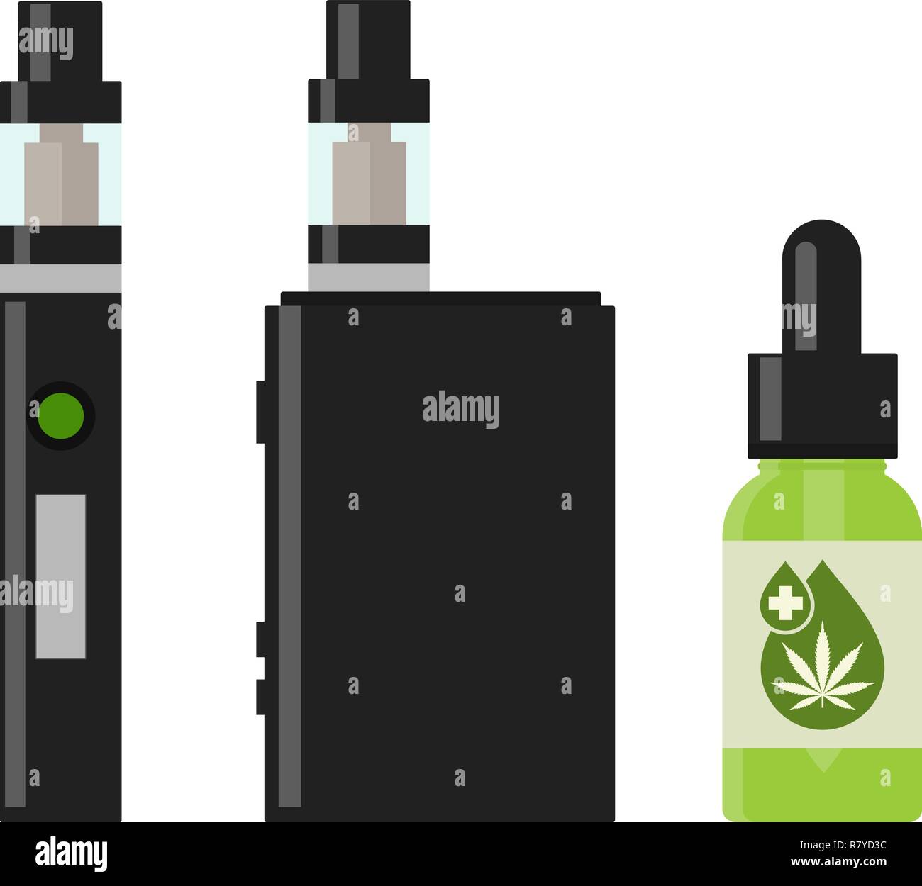 Marijuana Cannabis liquid for Vaping. Vape Cannabis Oil. Cannabis vaporizer. E-cigarette for vaping. Isolated vector illustration on white background. Stock Vector