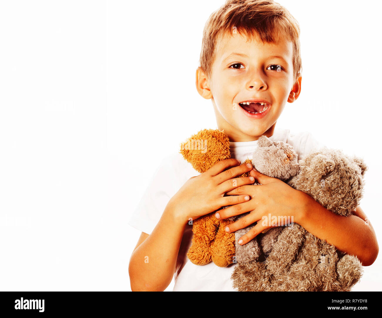 little cute boy with many teddy bears hugging isolated close up Stock ...