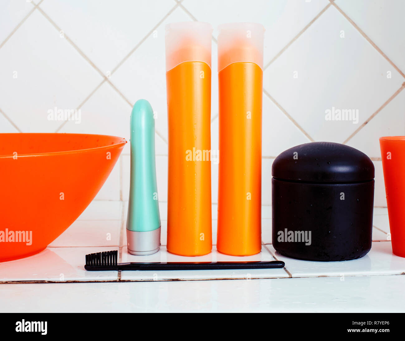 usual stuff in bathroom, shampoo, accessories, black stylish too Stock Photo