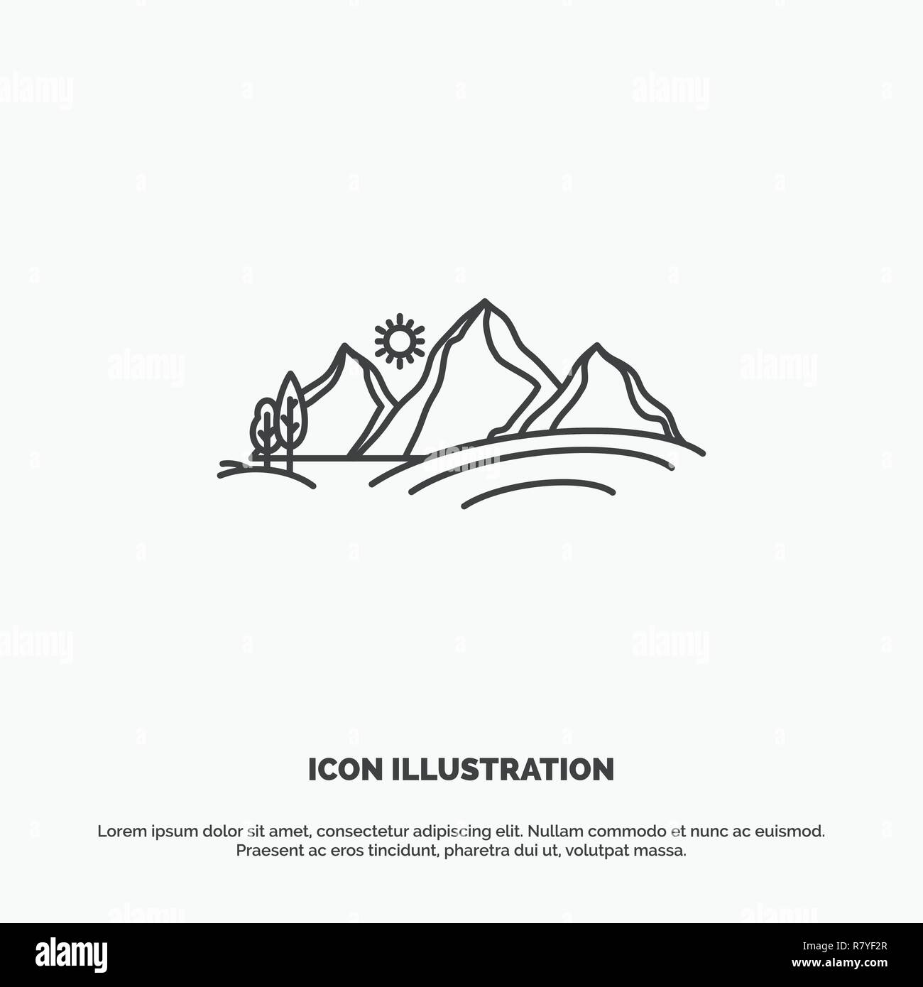 hill, landscape, nature, mountain, sun Icon. Line vector gray symbol for UI and UX, website or mobile application Stock Vector