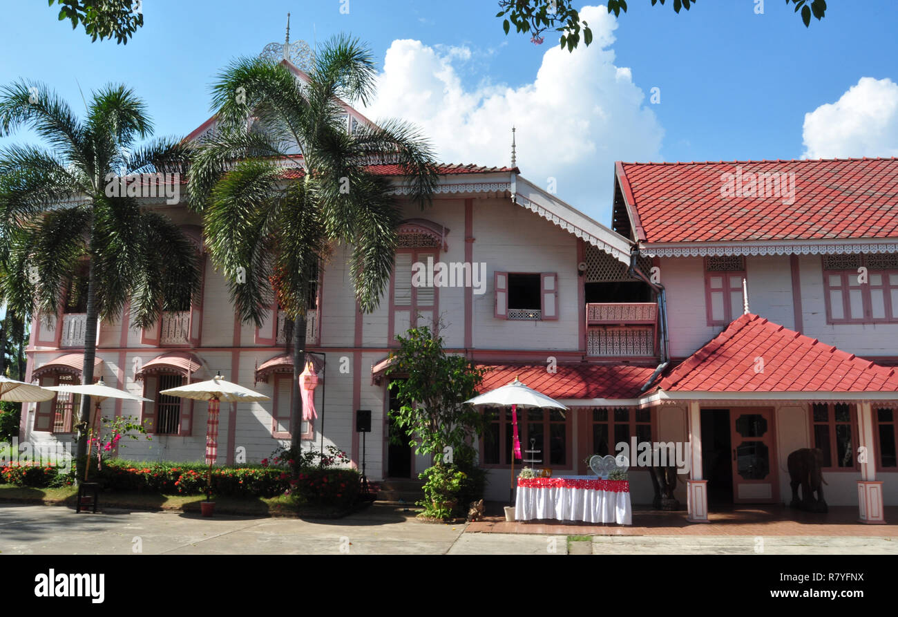 Vongburi House, Main Entrance, Phrae, North Thailand, Two-Storey Teak House, Bygone Teak-Dynasty, Palace of the Last Prince of Phrae, Private Museum Stock Photo