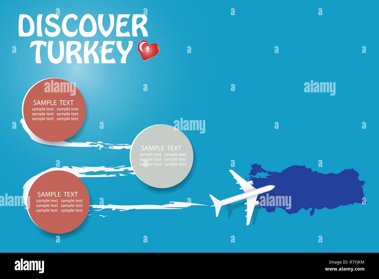 Discover Turkey template vector showing the plane approaching the blind map of Turkey The pattern has plenty of room for your notes and photos. Stock Vector