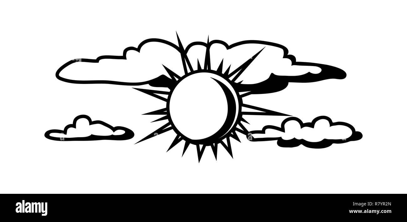 Black white sun and clouds. Stock Vector