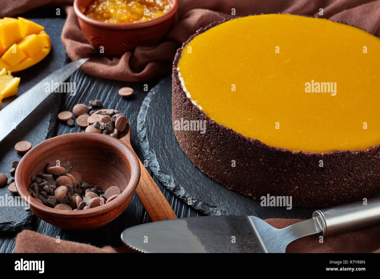 tasty chocolate mango cheesecake, close up Stock Photo