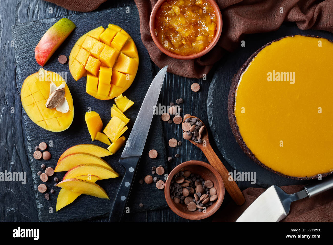 tasty chocolate mango cheesecake, close up Stock Photo