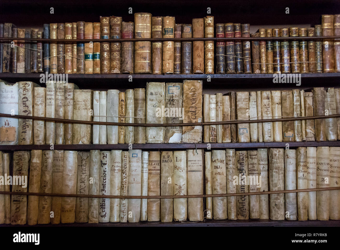 Mallorca, Balearic Islands, Spain - July 21, 2013: Books in the library in the old monastery Valldemossa Charterhouse in the room of Frederic Chopin a Stock Photo