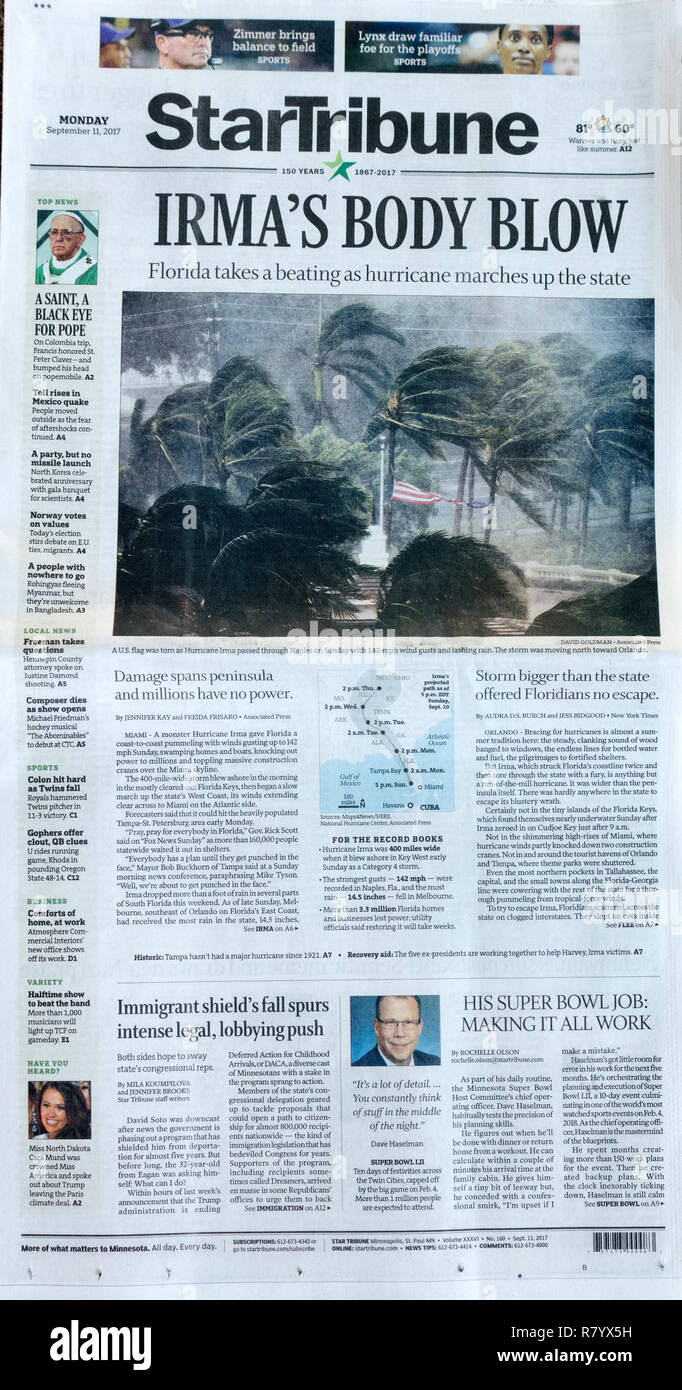 Newspaper StarTribune front page showing the destruction of hurricane Irma on Naples Florida 9/11/17. St Paul Minnesota MN USA Stock Photo