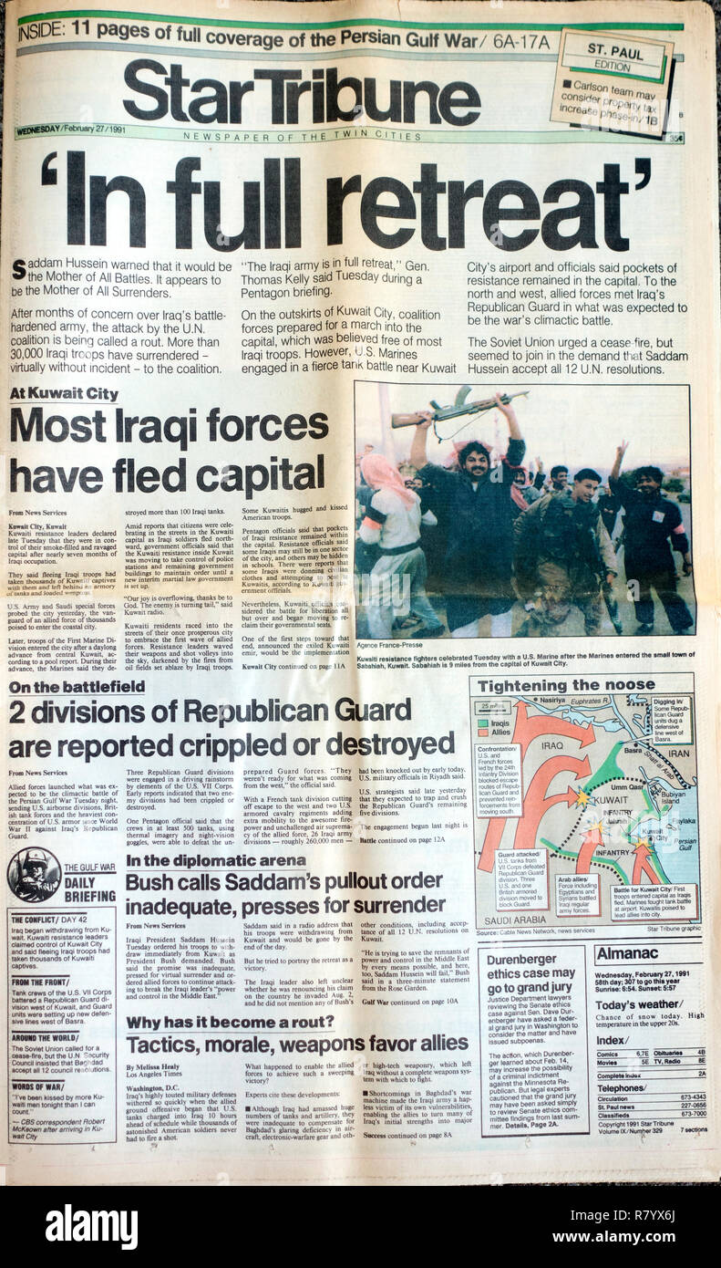 StarTribune newspaper cover headline that Iraqi forces in full retreat on  2/27/91. St Paul Minnesota MN USA Stock Photo - Alamy
