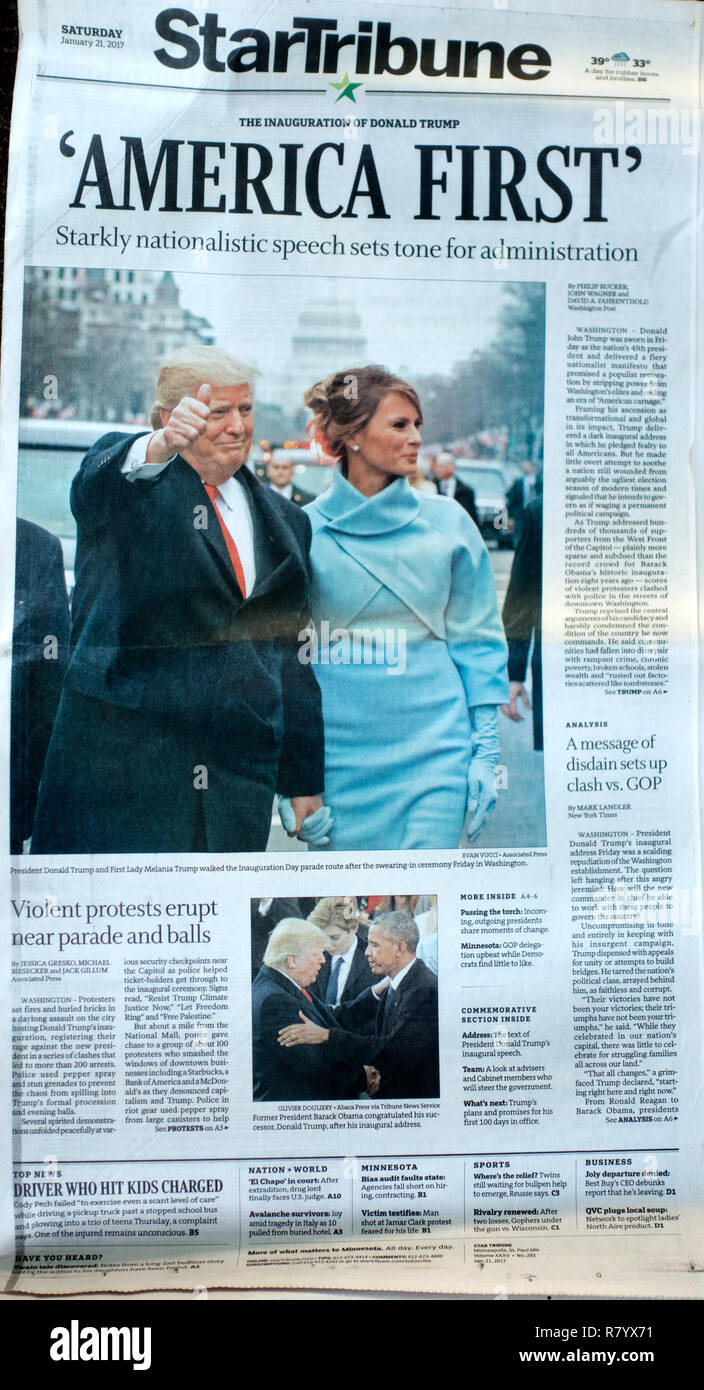 StarTribune Newspaper headline 'America First' with Inauguration photo of President Trump and First Lady Melania 1/21/17. St Paul Minnesota MN USA Stock Photo