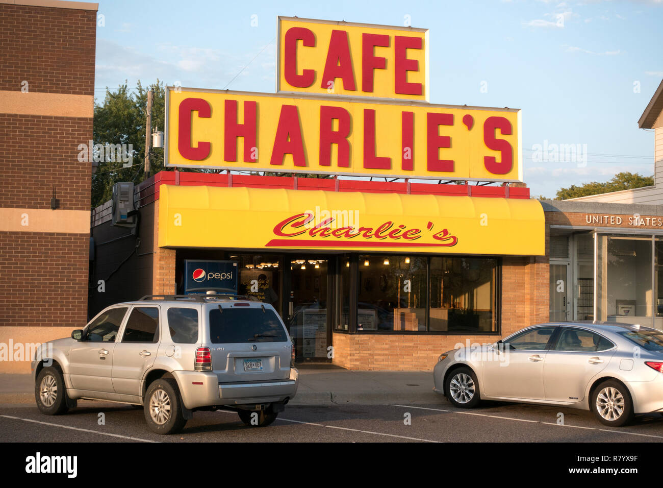 Famous Charlie's Cafe noted for caramel rolls and highway food stop, near the Lake Wobegon Trail. Freeport Minnesota MN USA Stock Photo