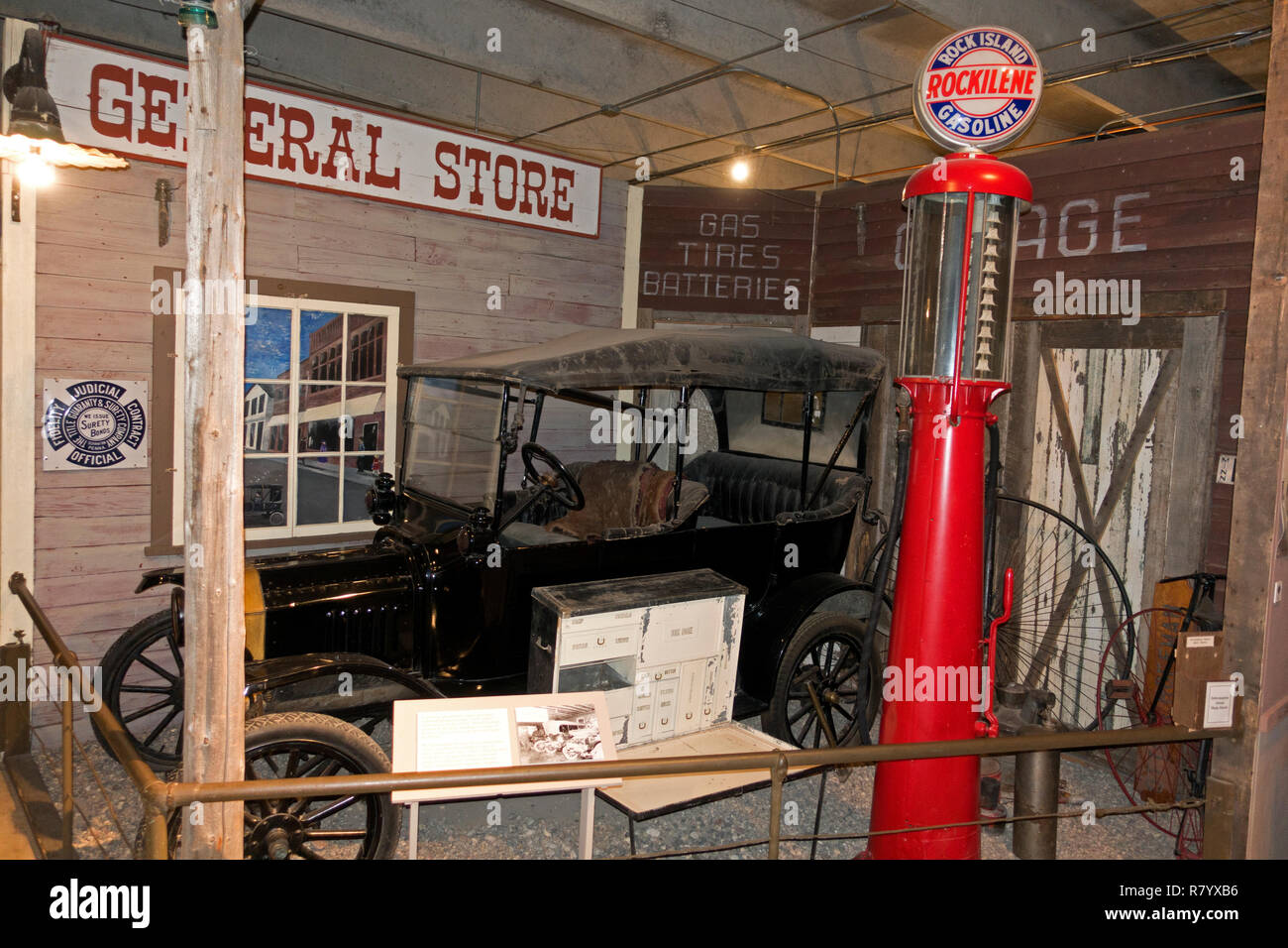 Historical gas station and general store diorama displayed at Otter Tail County Historical Museum. Fergus Falls Minnesota MN USA Stock Photo