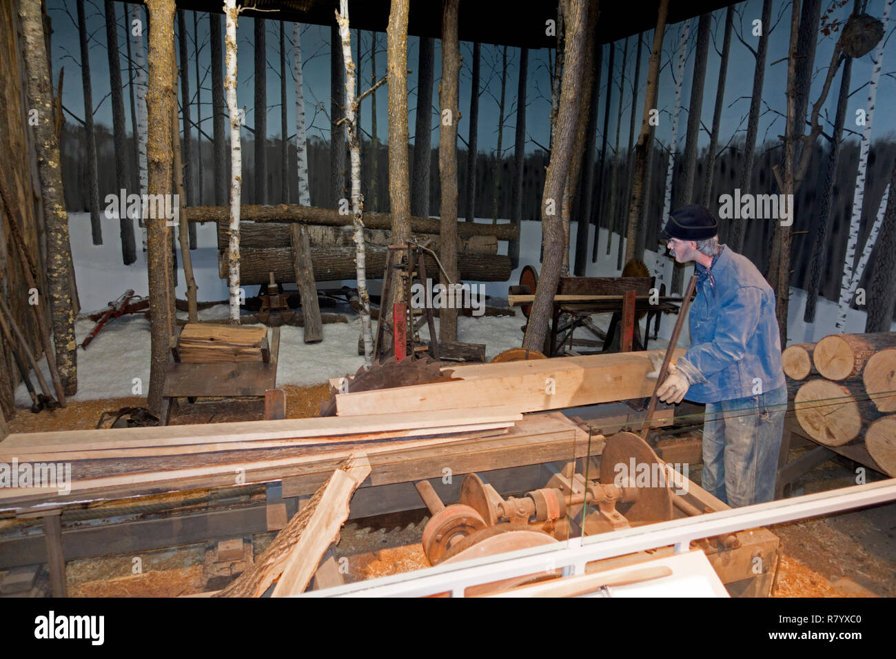 Historical lumberjack and sawmill diorama scene at Otter Tail County