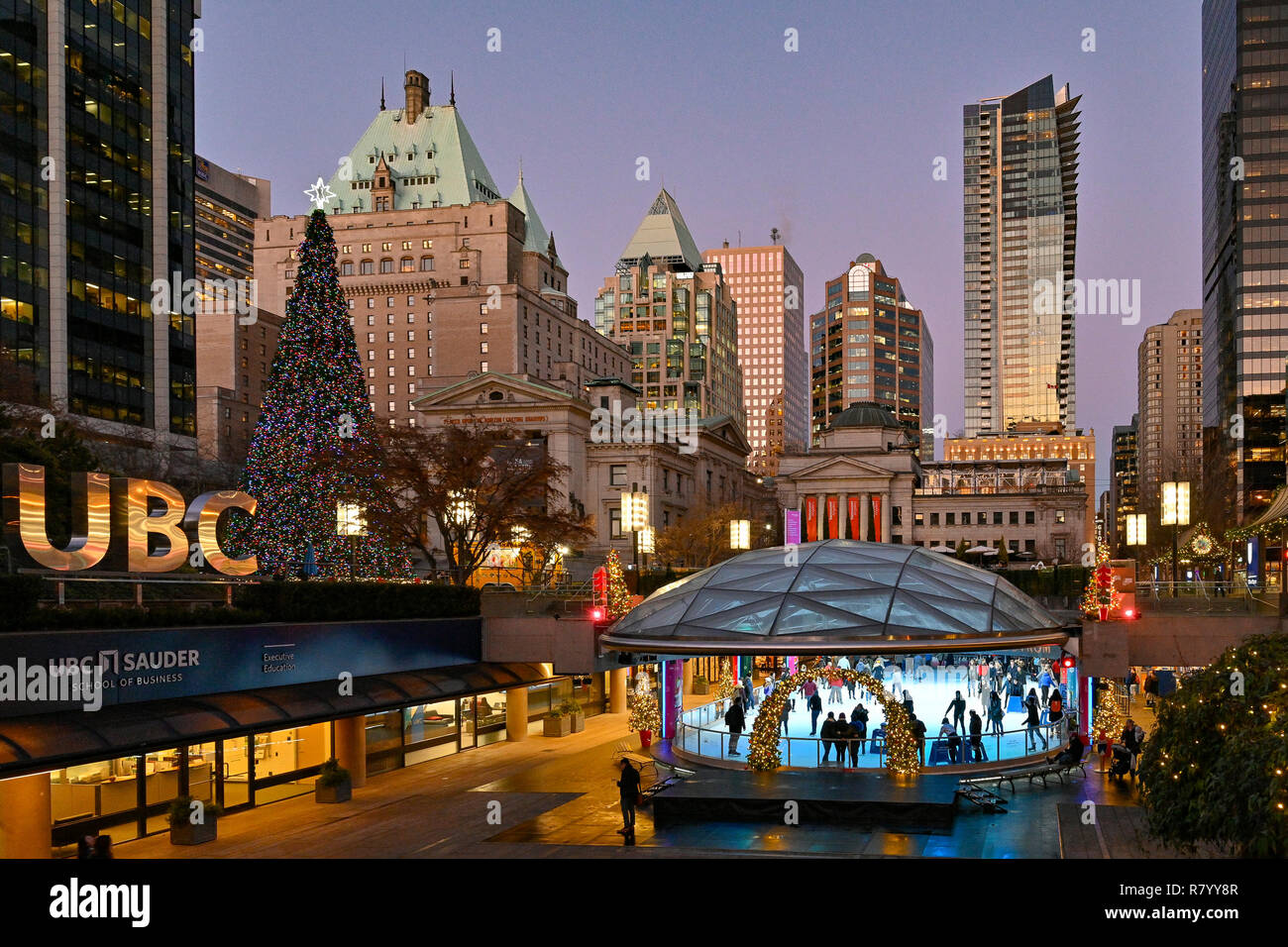 Free Skating rink, Robson Square, downtown, Vancouver, British Columbia, Canada Stock Photo