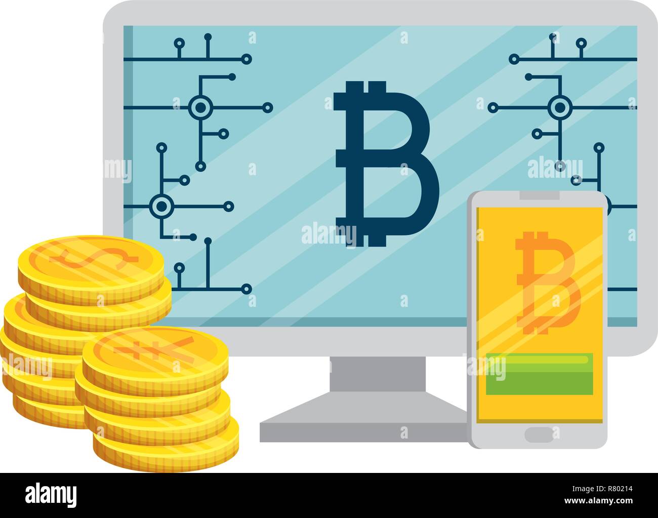 Bitcoin Computer Bank computer desktop with bitcoin commerce vector illustration design Stock ...