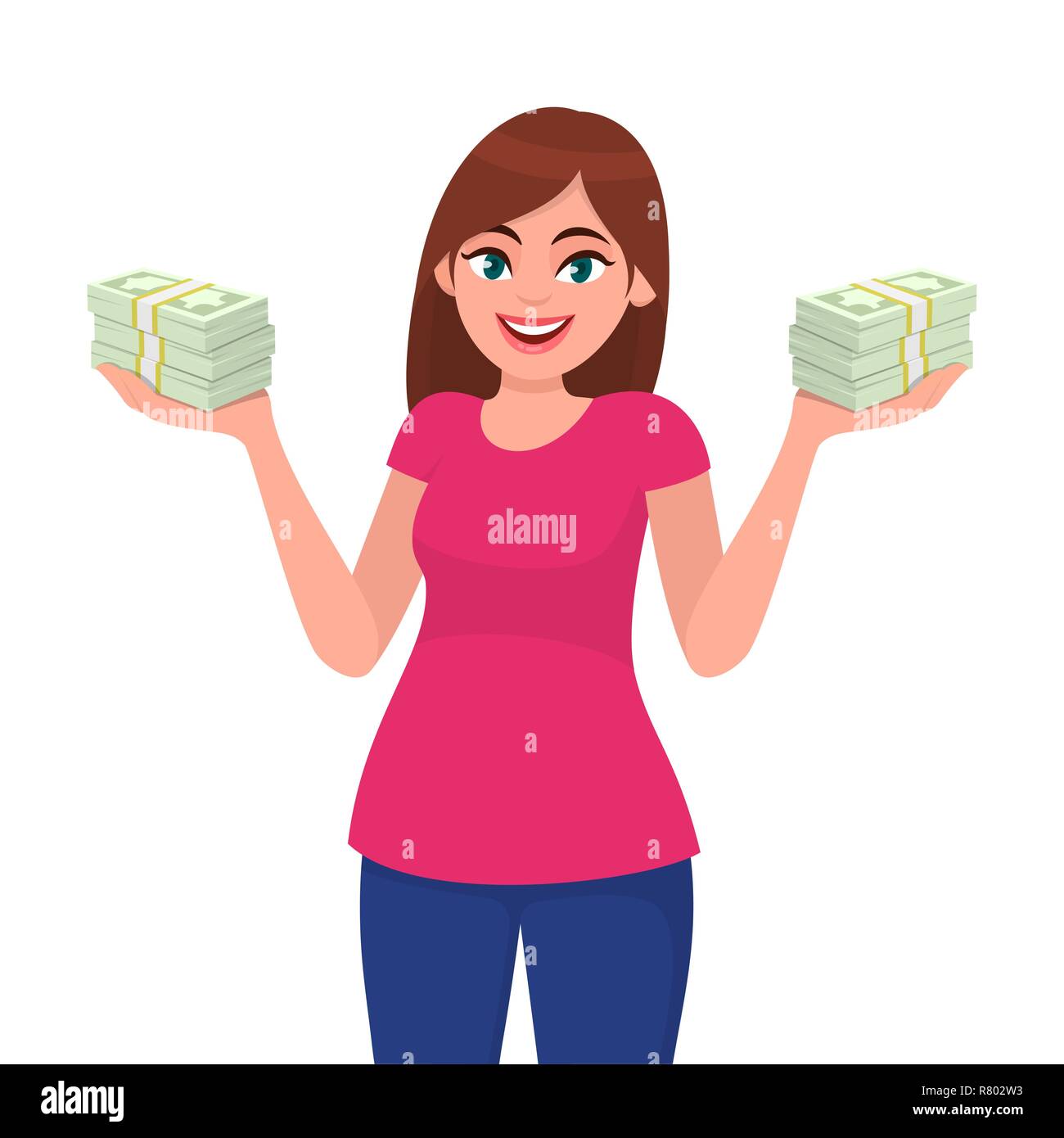 Successful happy young business woman holding cash / money / currency / banknote bundle in hands. Business and finance concept illustration in vector Stock Vector