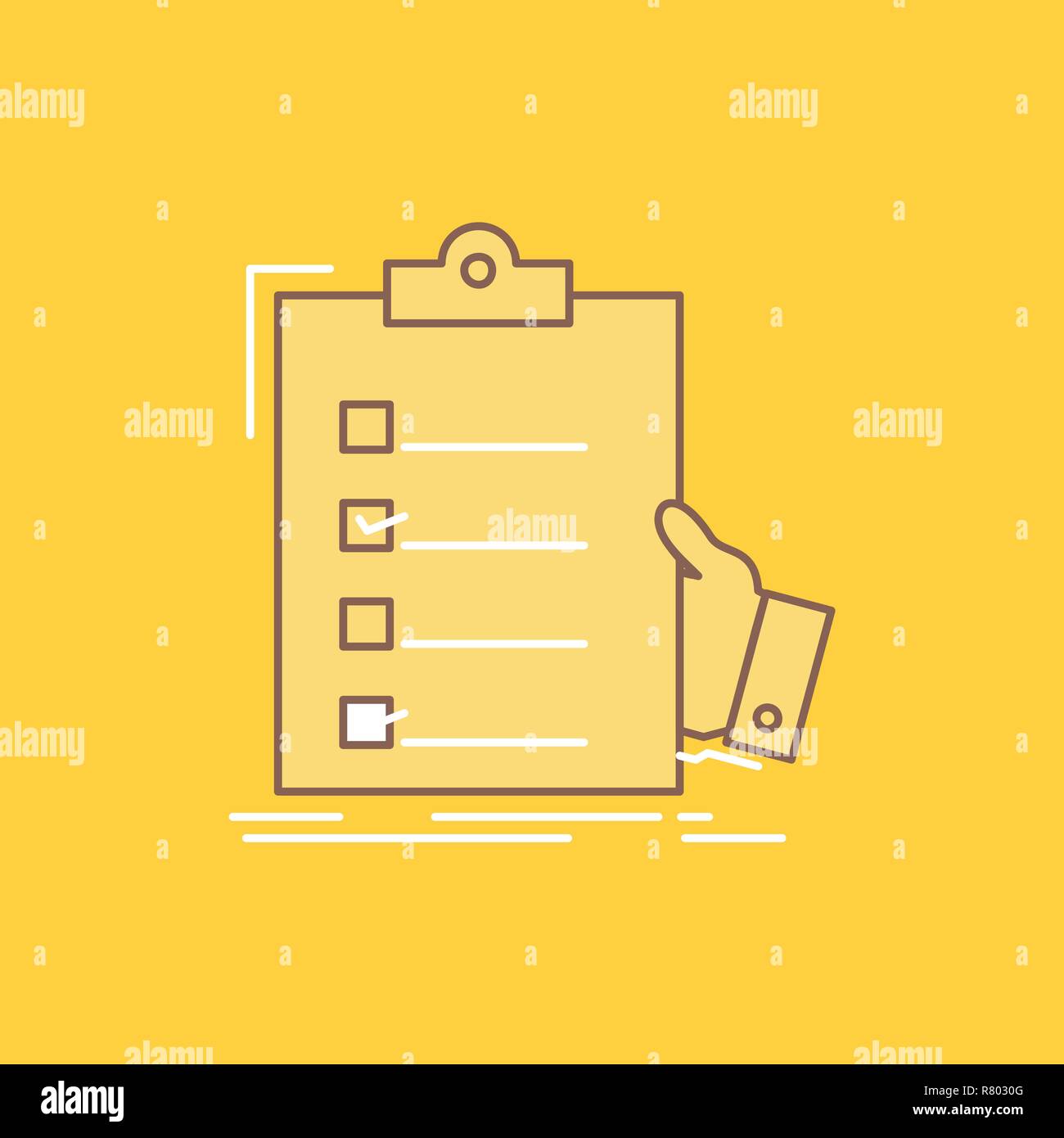 checklist, check, expertise, list, clipboard Flat Line Filled Icon. Beautiful Logo button over yellow background for UI and UX, website or mobile appl Stock Vector