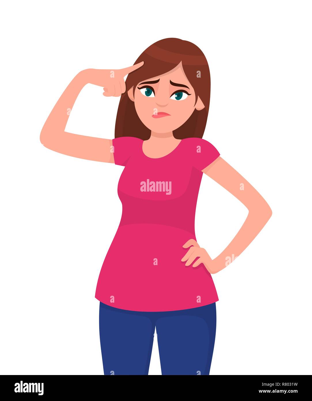 Unhappy young woman touching head while standing against white background. Woman holding fingers on her temples. Human emotion and body language Stock Vector