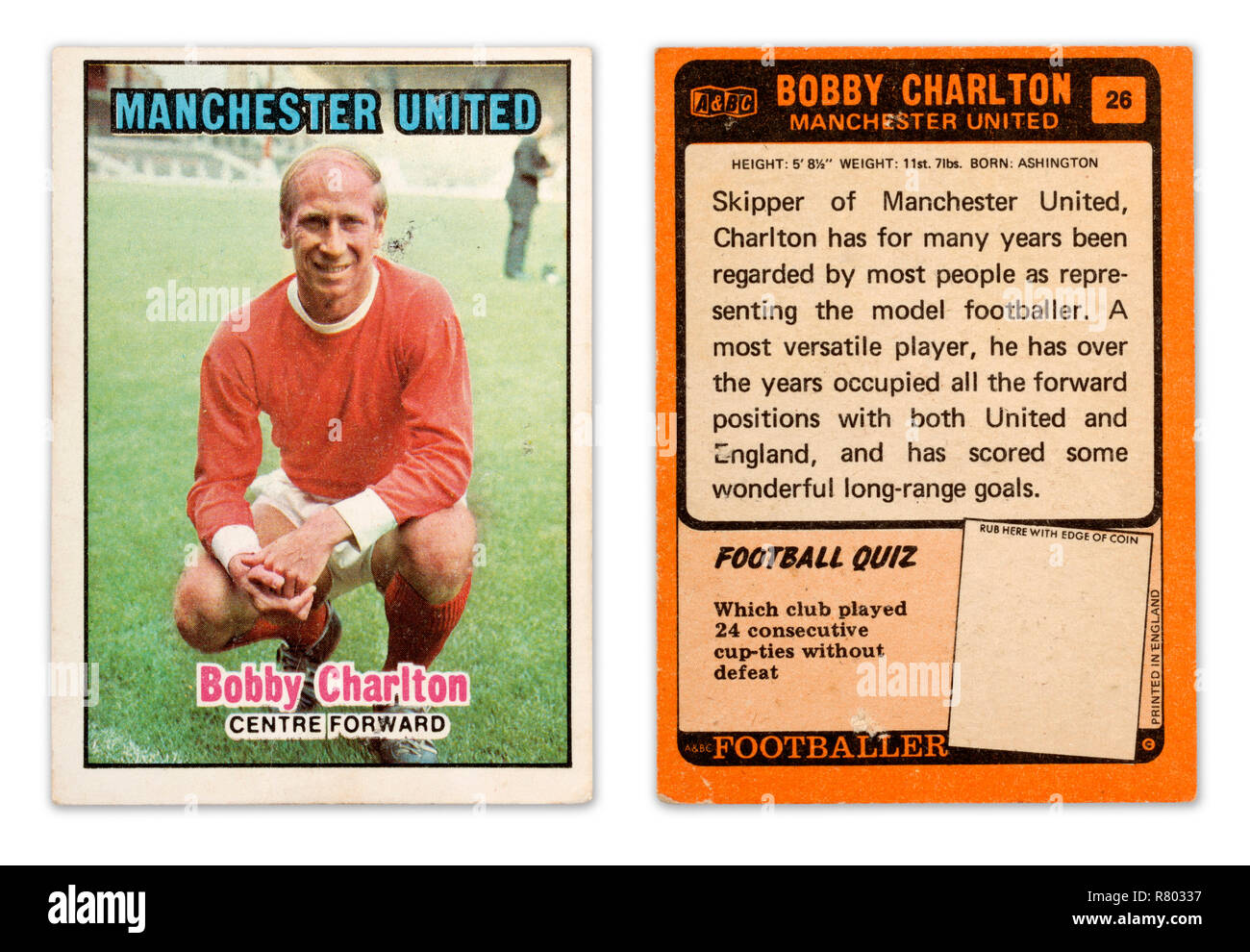 The front and back of an A&BC Chewing Gum football player card from 1970 featuring Bobby Charlton playing for Manchester United Stock Photo