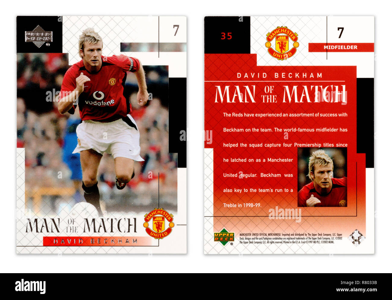 The front and back of an Upper Deck football player card from 2002 featuring David Beckham playing for Manchester United Stock Photo