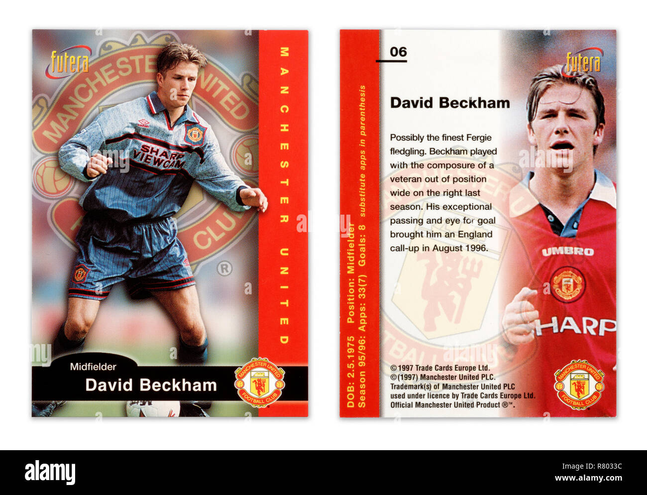 The front and back of a Futera football player card from 1997 featuring David Beckham playing for Manchester United Stock Photo