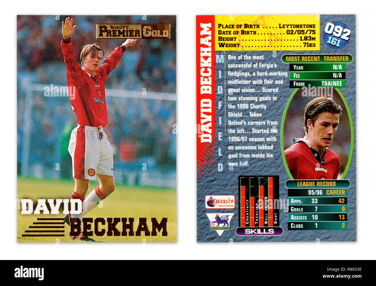 The front and back of a Merlin football player card from 1996 featuring David Beckham playing for Manchester United Stock Photo