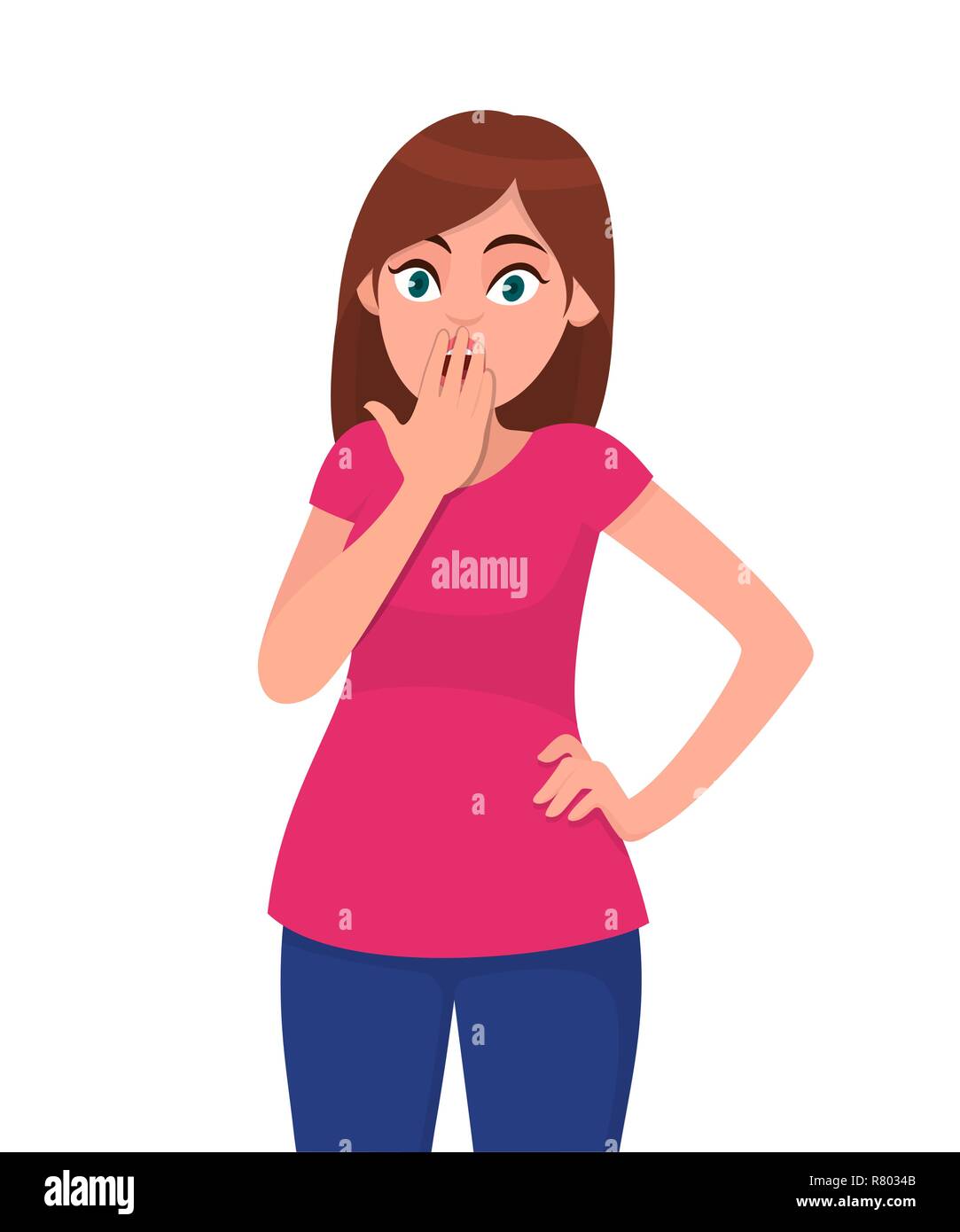 Shocked young woman closed mouth with hand while eyes open widely. Woman covering mouth with hand. Human emotion and body language concept. Stock Vector