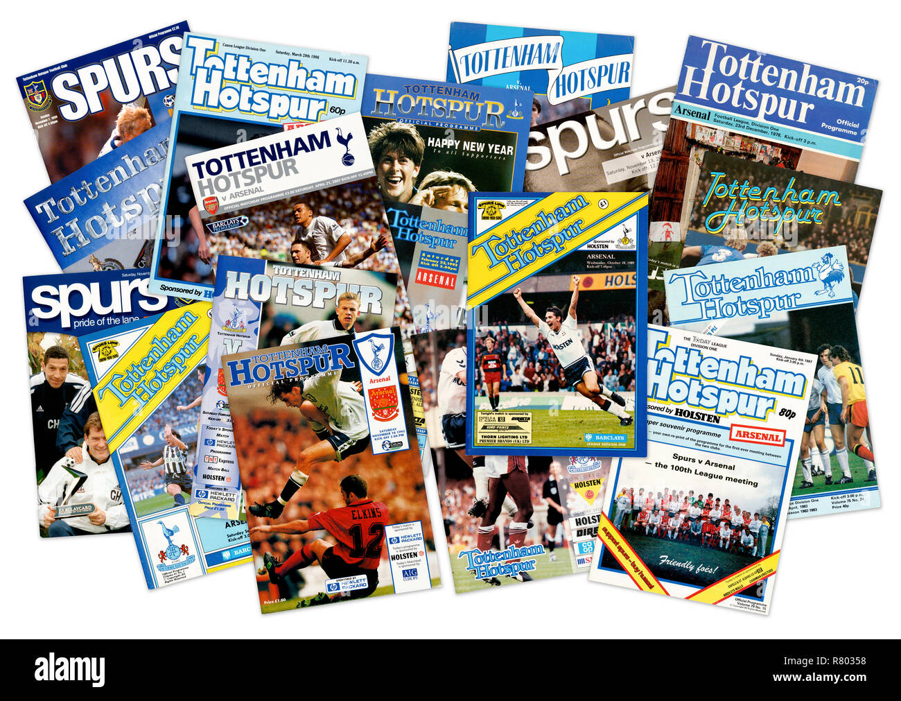 A collection of Tottenham Hotspur Football Club official programmes from the 1980's 1990's and 2000's (digital composite) Stock Photo
