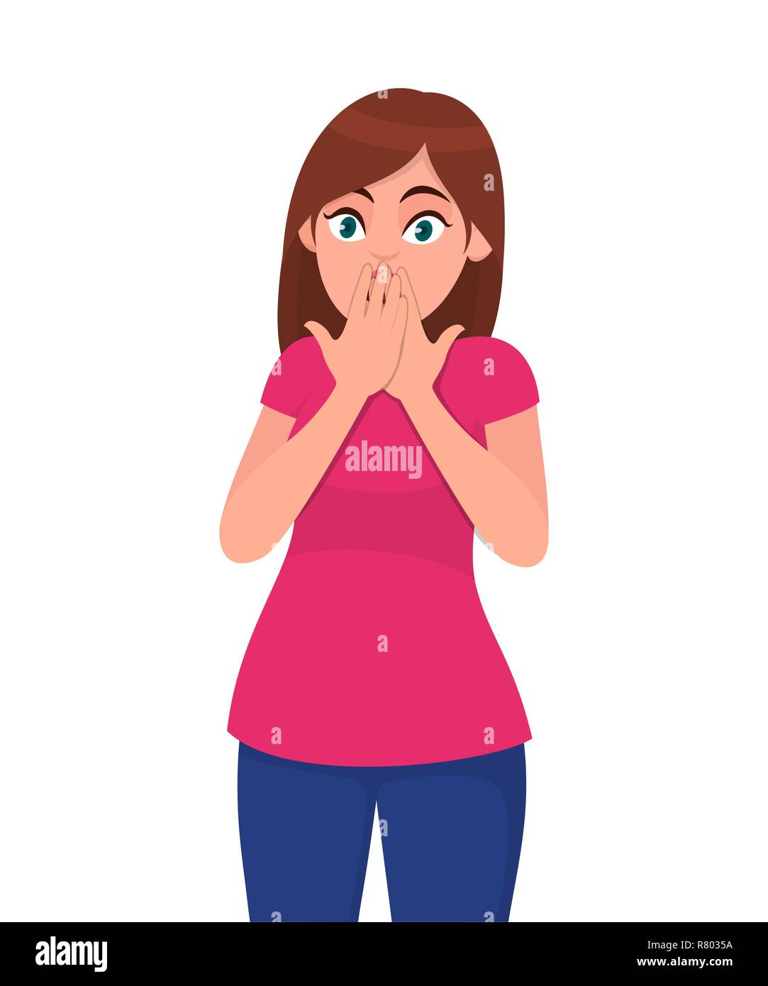 Shocked young woman covering mouth with both hands while eyes open widely. Woman covering mouth with hand. Human emotion and body language concept. Stock Vector