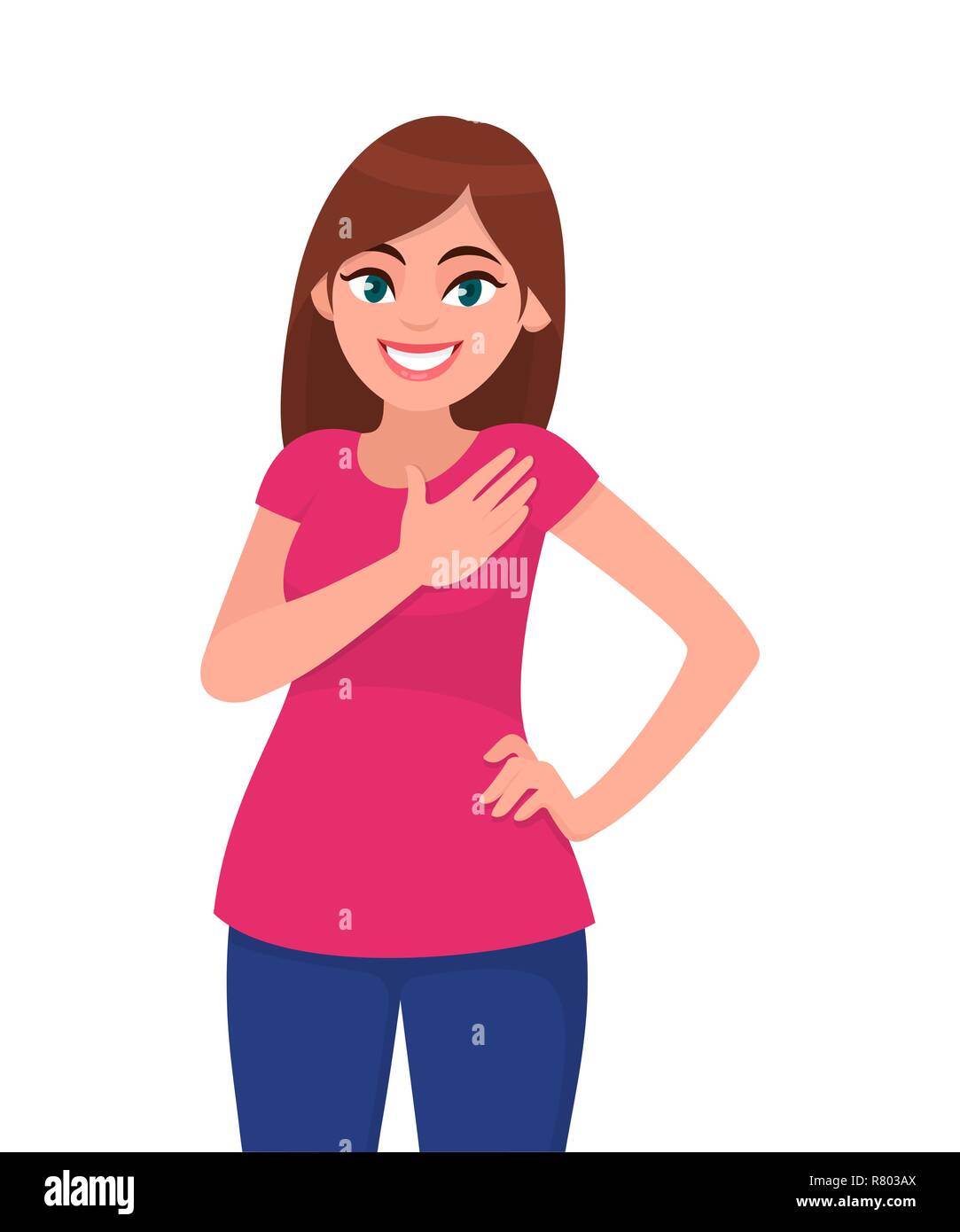 Pleasant looking kind hearted young woman keeps hand on chest, expresses gratitude, being thankful for help and support, showing her heart filled Stock Vector