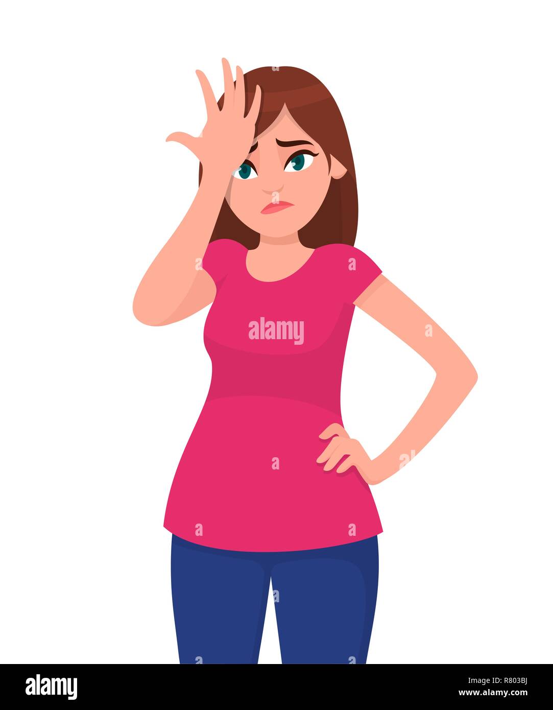 Unhappy young woman hand on head for mistake, remember error. Forgot, bad memory. Human emotion and body language concept illustration in vector Stock Vector