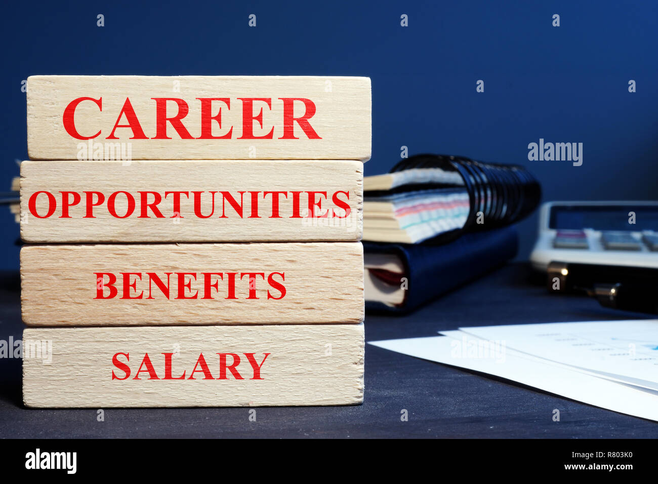 Blocks with words career opportunities, benefits and salary. Stock Photo