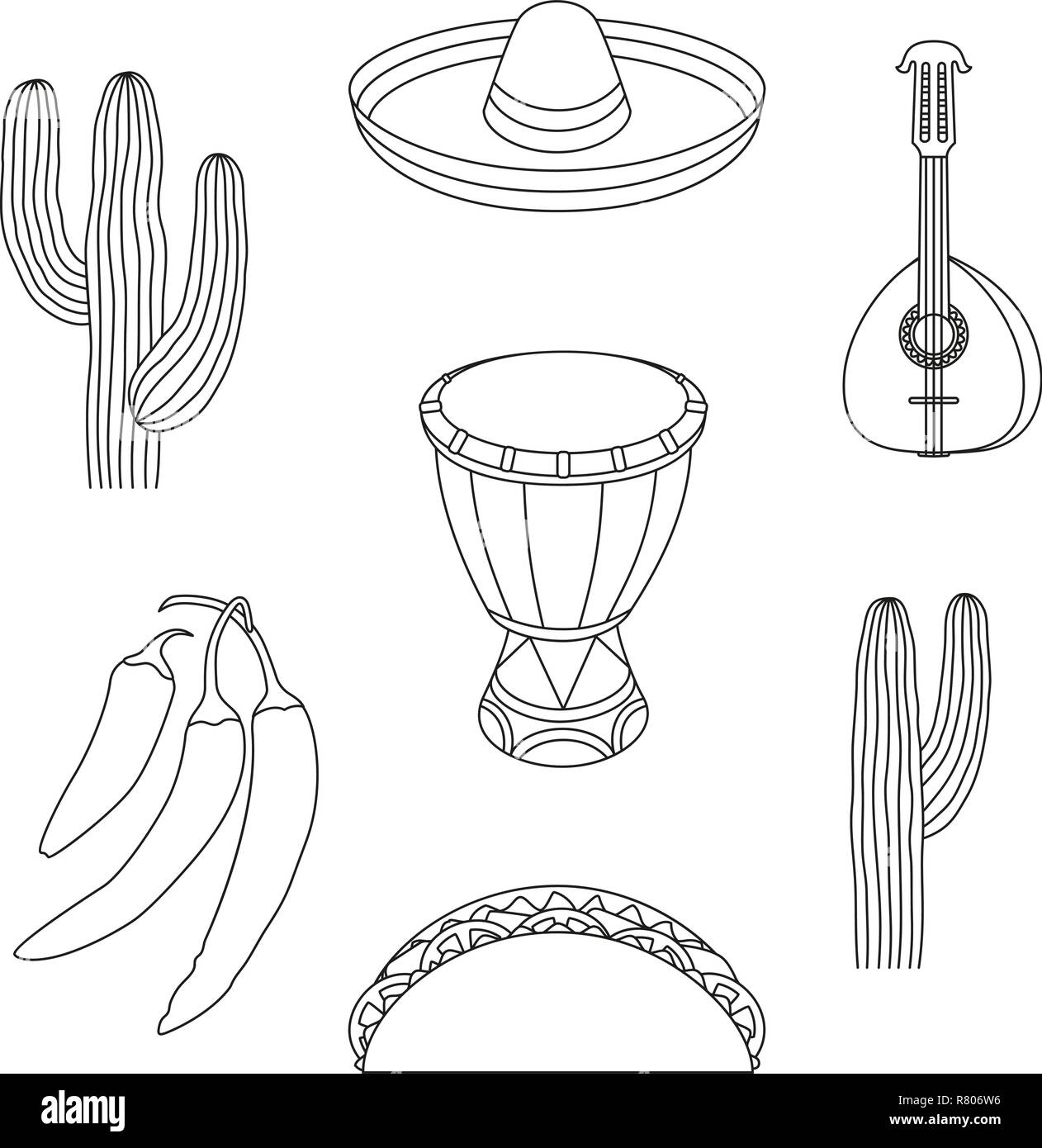 Line art black and white 7 mexican elements. Stock Vector