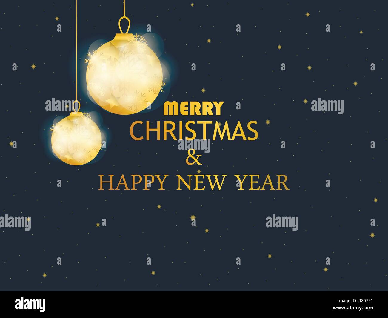 Merry Christmas and Happy New Year. Golden christmas balls on black ...