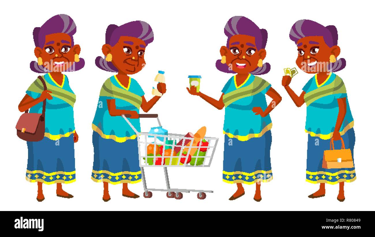 Indian Old Woman Shopping Vector. Elderly People. Hindu In Sari. Asian. Senior Person. Aged. Caucasian Retiree. Smile. Advertisement, Greeting, Announcement Design. Isolated Cartoon Illustration Stock Vector