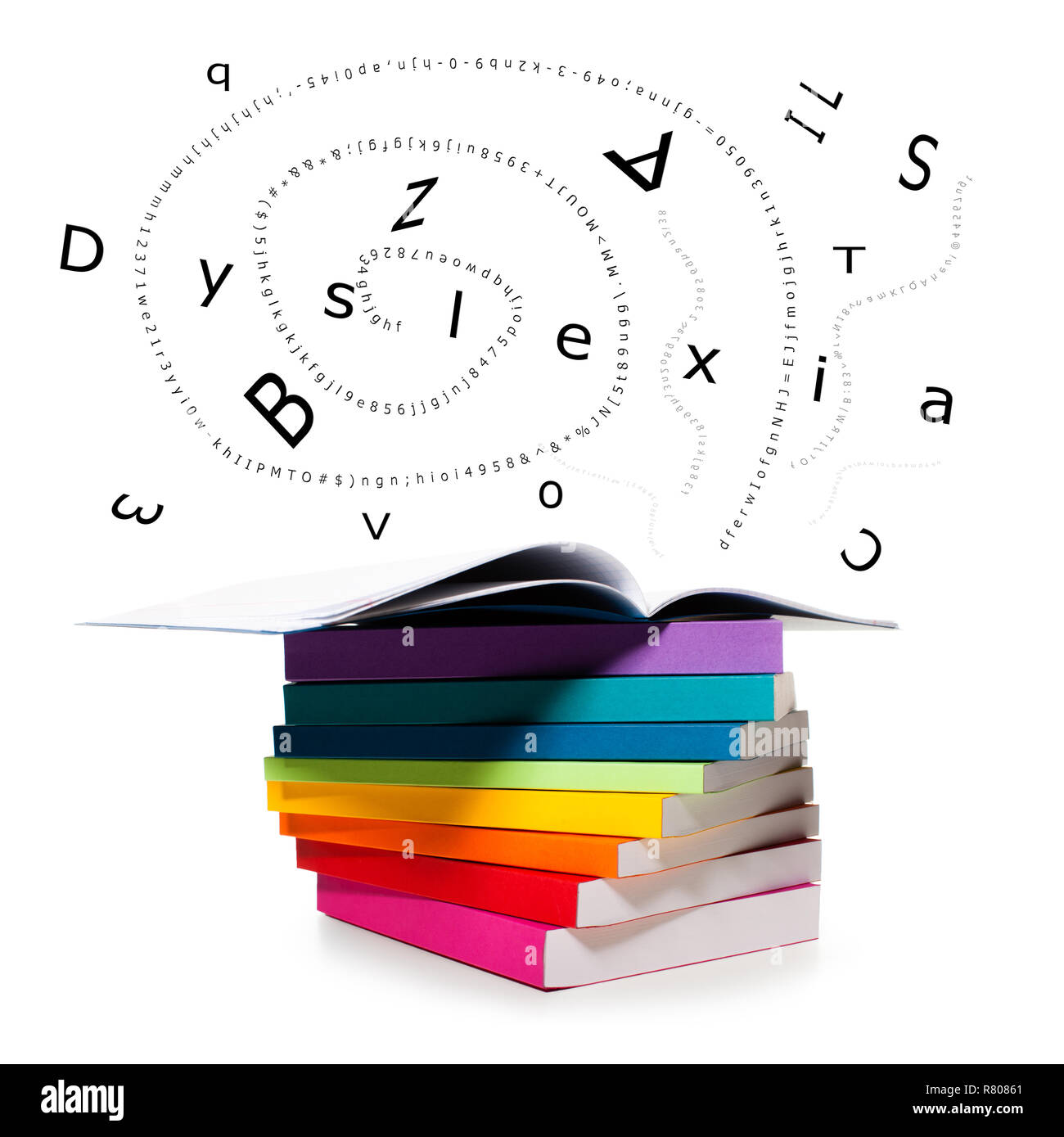 Scater Letters Scatteret letters flying from books and word dyslexia Stock Photo - Alamy