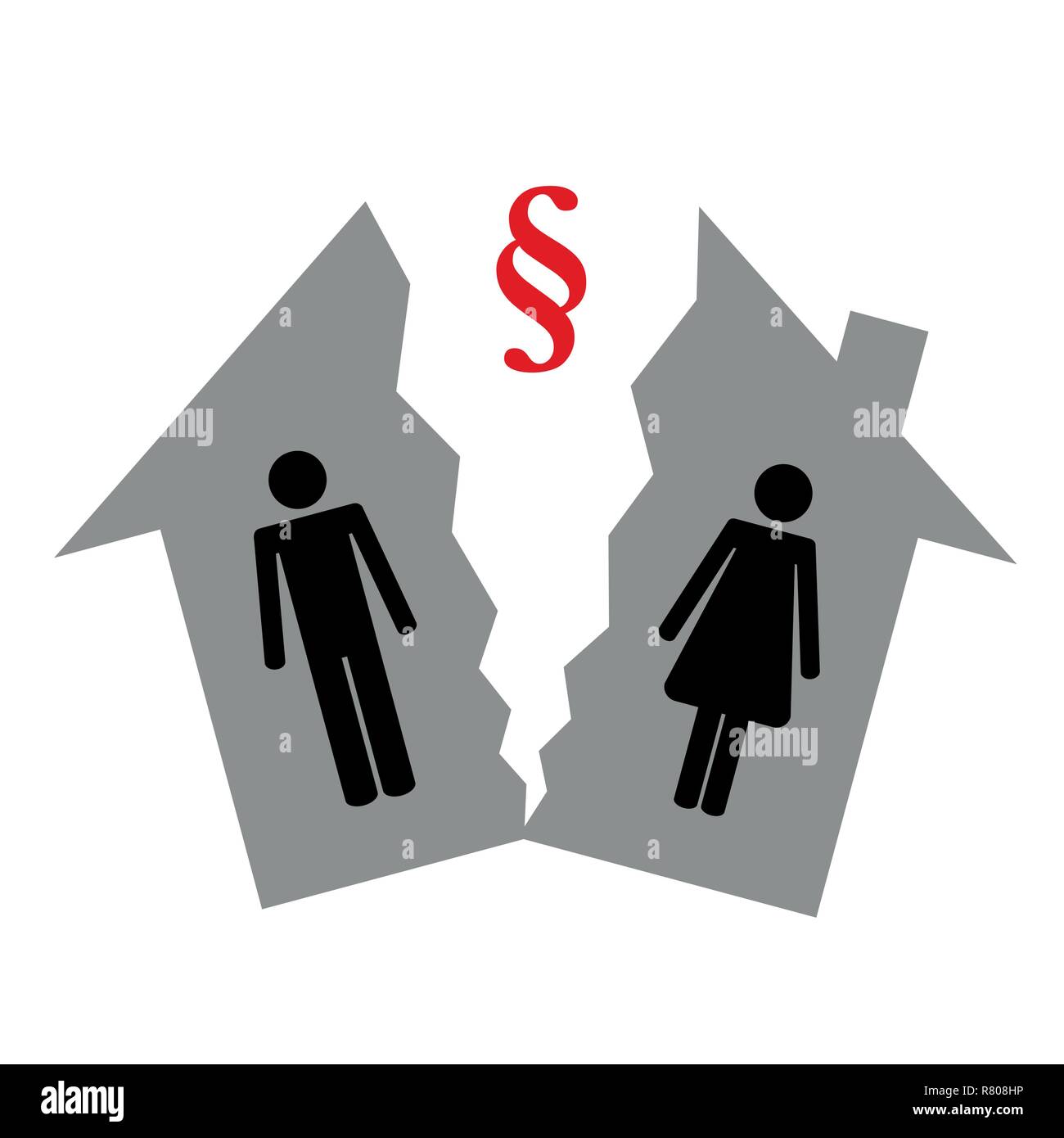 division of property at divorce pictogram man and woman in a half house vector illustration EPS10 Stock Vector