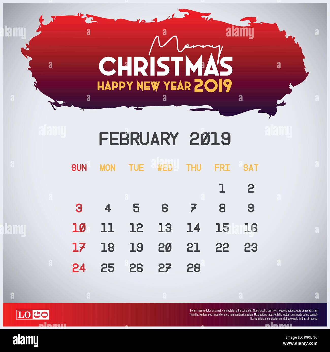 2019 February Calendar Template. merry Christmas and Happy new year Red  Header background Stock Vector Image & Art - Alamy