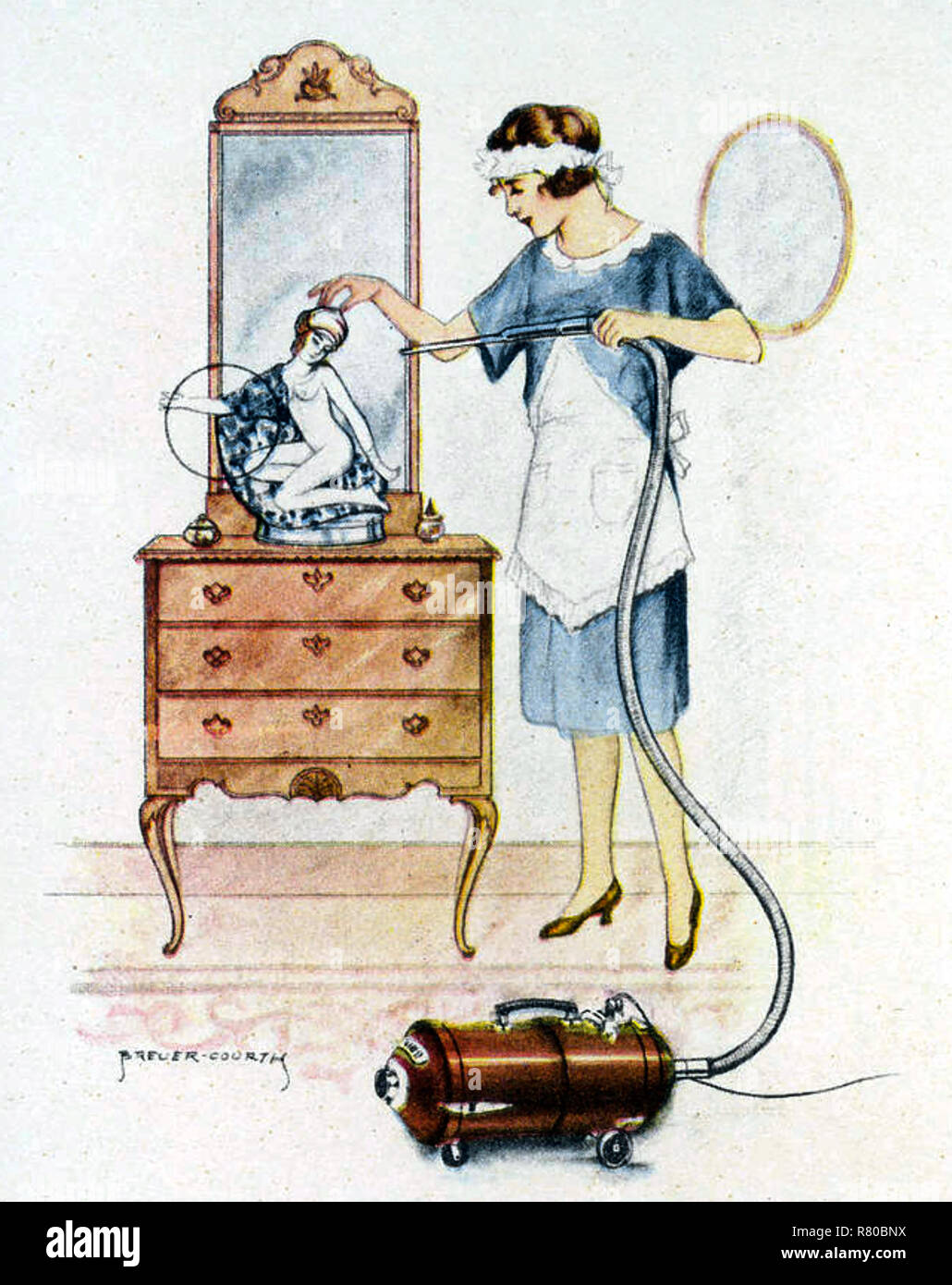VACUUM CLEANER A French maid dusts and cleans with a 1920s Electrolux model Stock Photo