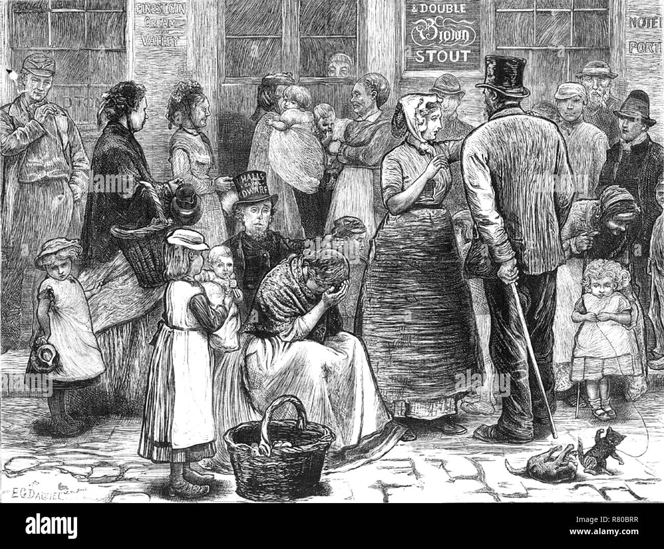 ALCOHOLISM Waiting for a pub to open in London in an 1874 engrasving Stock Photo