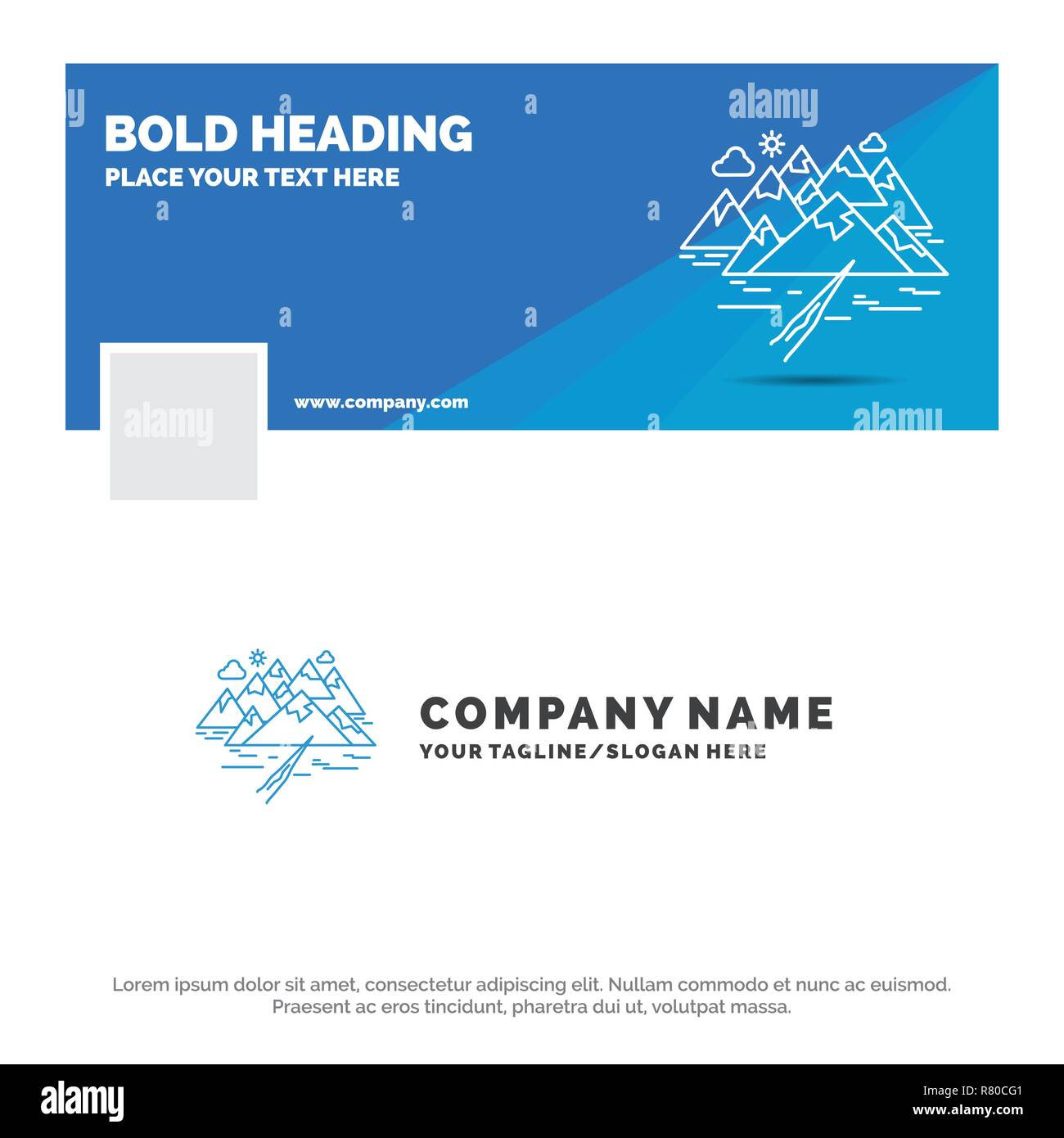 Blue Business Logo Template for Mountain, hill, landscape, rocks, crack. Facebook Timeline Banner Design. vector web banner background illustration Stock Vector