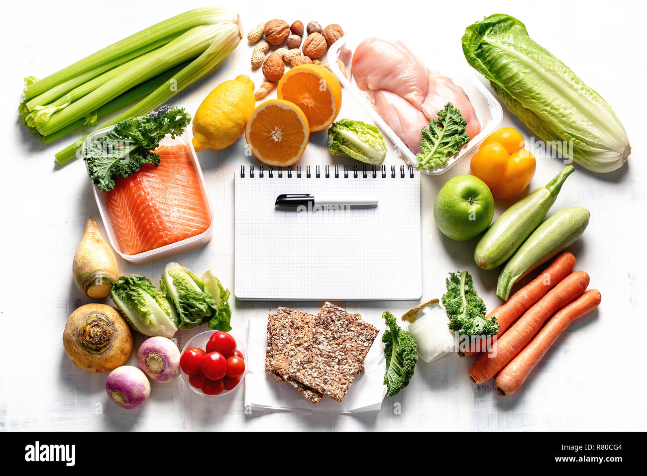 Healthy eating plan. Diet and meal planning. Top view. Flat lay Stock Photo