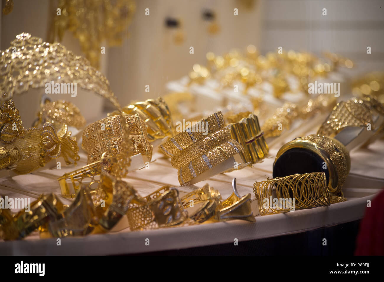 Gold bracelets and jewelry at the Dubai Gold Souk Stock Photo Alamy