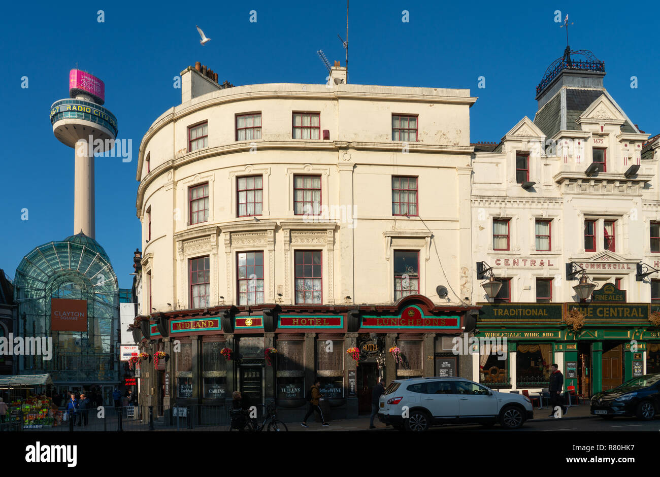 Central Hotel and the Midland Hotel, Liverpool. St John’s Beacon in the distance. Image taken in November 2018. Stock Photo