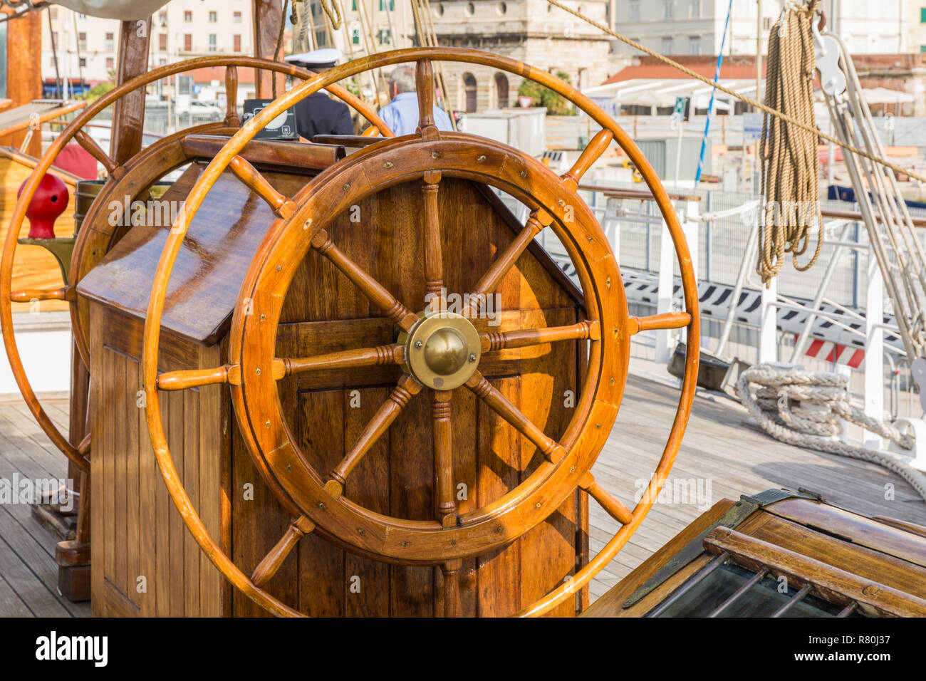 Detail view of the rudder of an old sailing ship in the port of Livorno ...