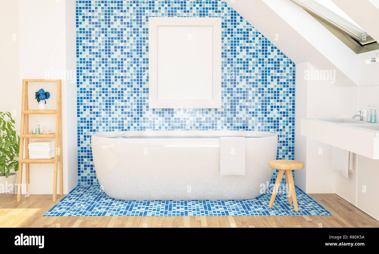 Download Poster Mockup On Attic Bathroom 3d Rendering Stock Photo Alamy