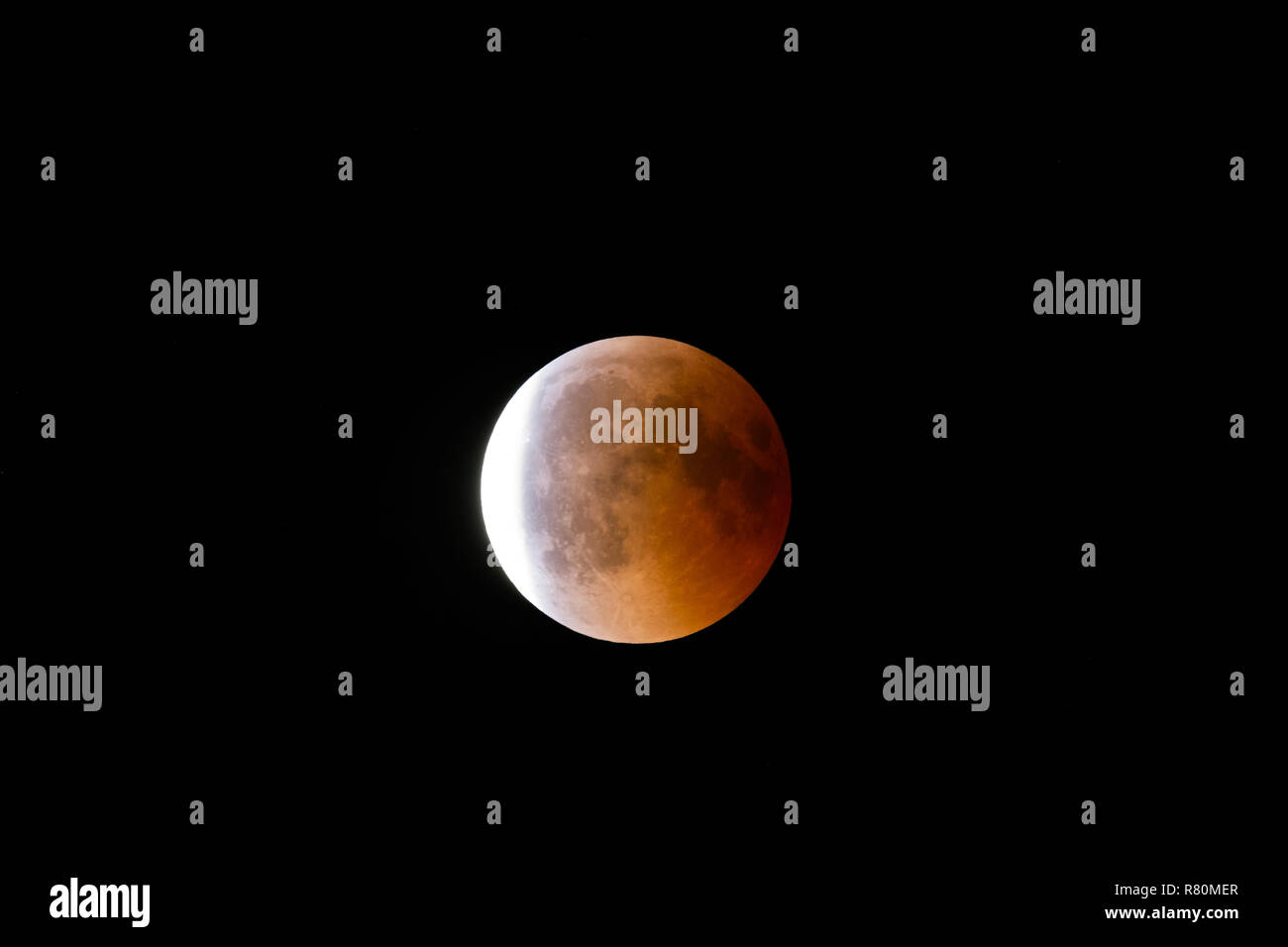 Total lunar eclipse on July 27, 2018, also called blood moon. Schleswig-Holstein, Germany Stock Photo