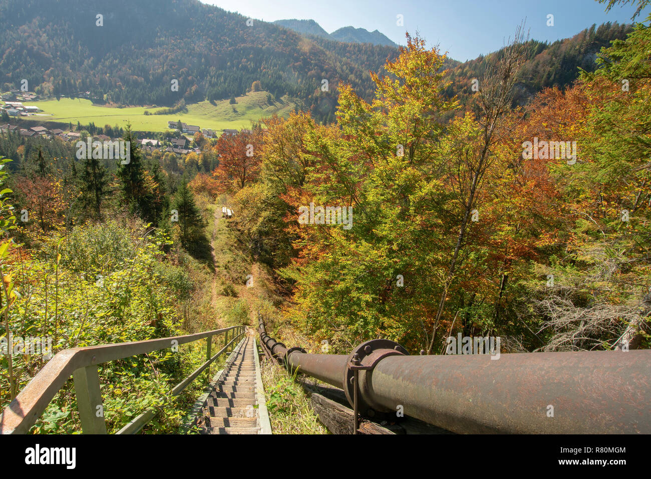 Historical brine pipeline running from Bad Reichenhall to Traunstien to Rosenheim. Now a hiking trail. Upper Bavaria, Germany Stock Photo