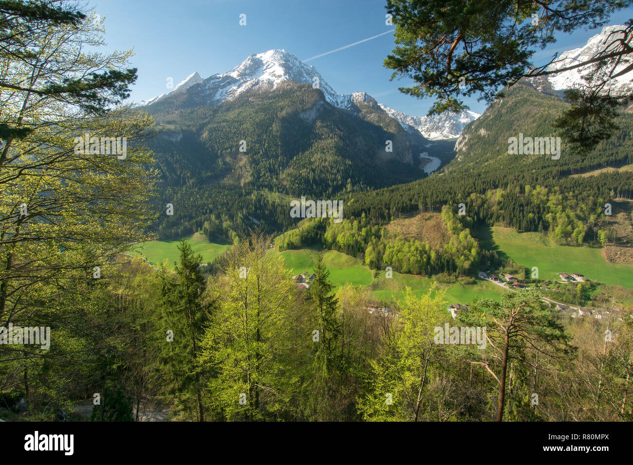 The mountains Watzmann and Hochkalter and the Wimbachtal Valley in spring. Upper Bavaria, Germany Stock Photo