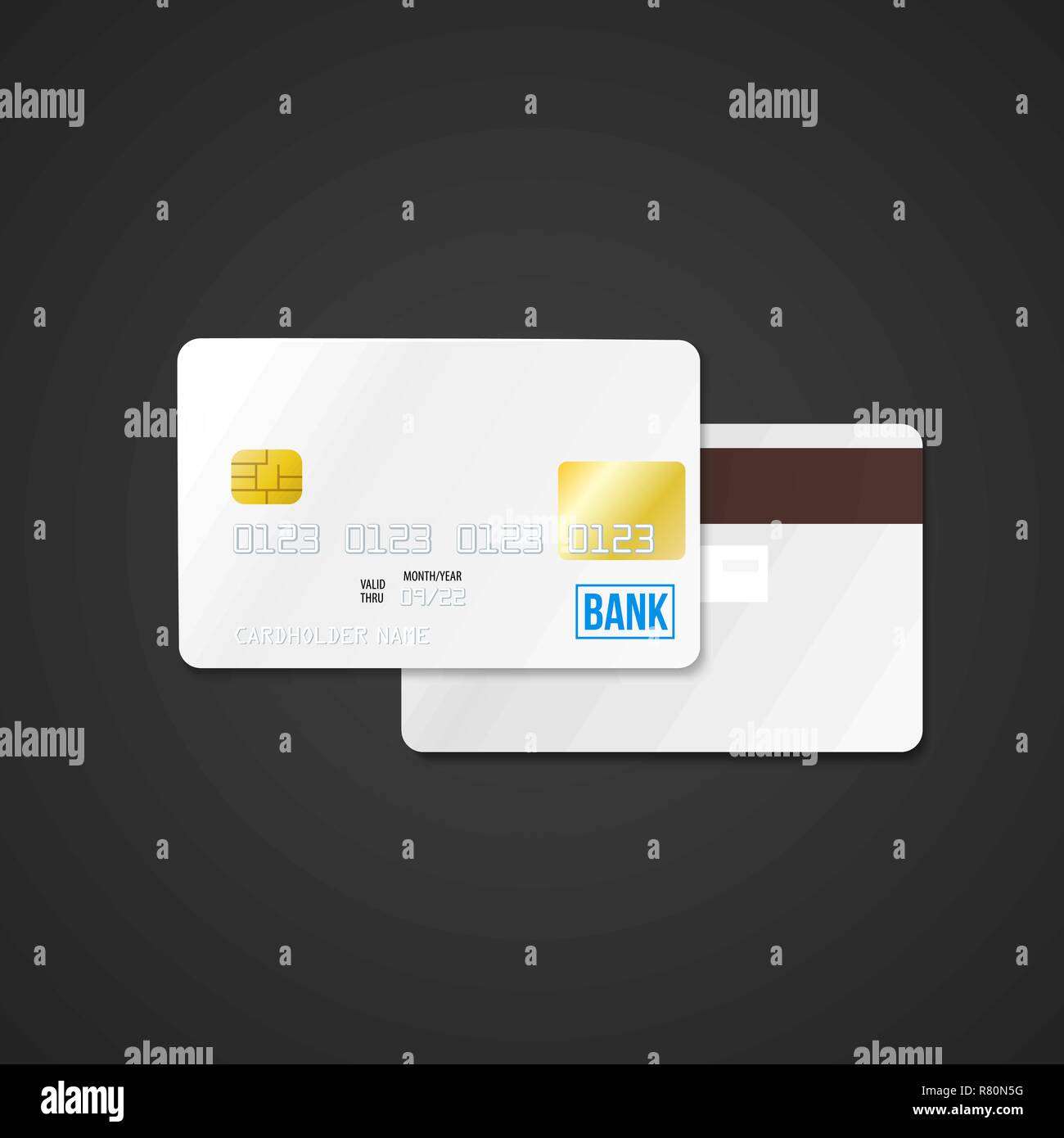 vector mock up white blank plastic bank card face and back sides illustration realistic with shadow template design isolated on dark background Stock Vector